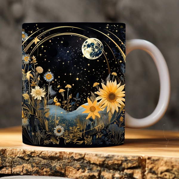 Enchanting Celestial Dark Starry Floral Mug Wrap Sublimation Design PNG Whimsical Sunflowers 11oz and 15oz Mug Template Instant Download.jpg