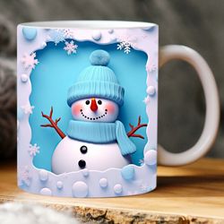 festive 3d cute blue snowman hole in snowflakes wall mug