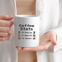 coffee stats mug, funny pixelated coffee tea cup, gift for him her video gamer