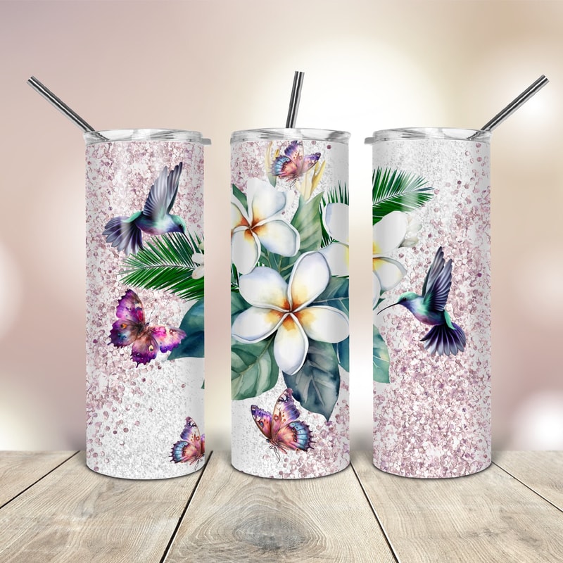 20 Oz skinny Tumbler Plumeria Flowers Hummingbirds wrap tapered straight template digital download sublimation graphics instant download.jpg