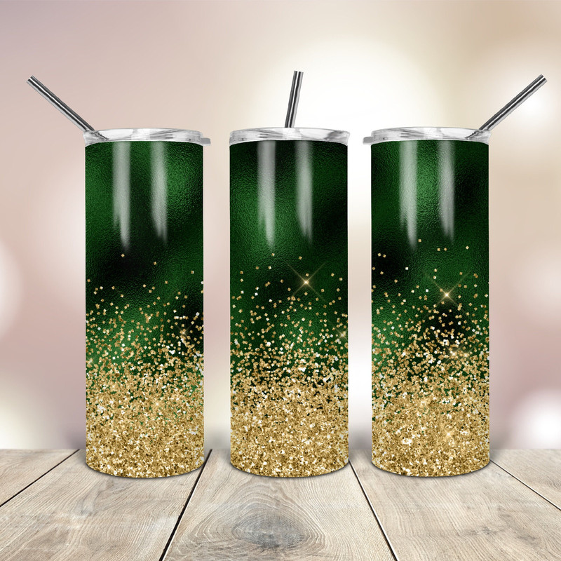 20 Oz skinny Tumbler Png Green with Gold Glitter wrap tapered straight template digital download sublimation graphics instant download.jpg