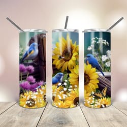 20 oz skinny tumbler sunflower blue bird, gift for lover, gift for her