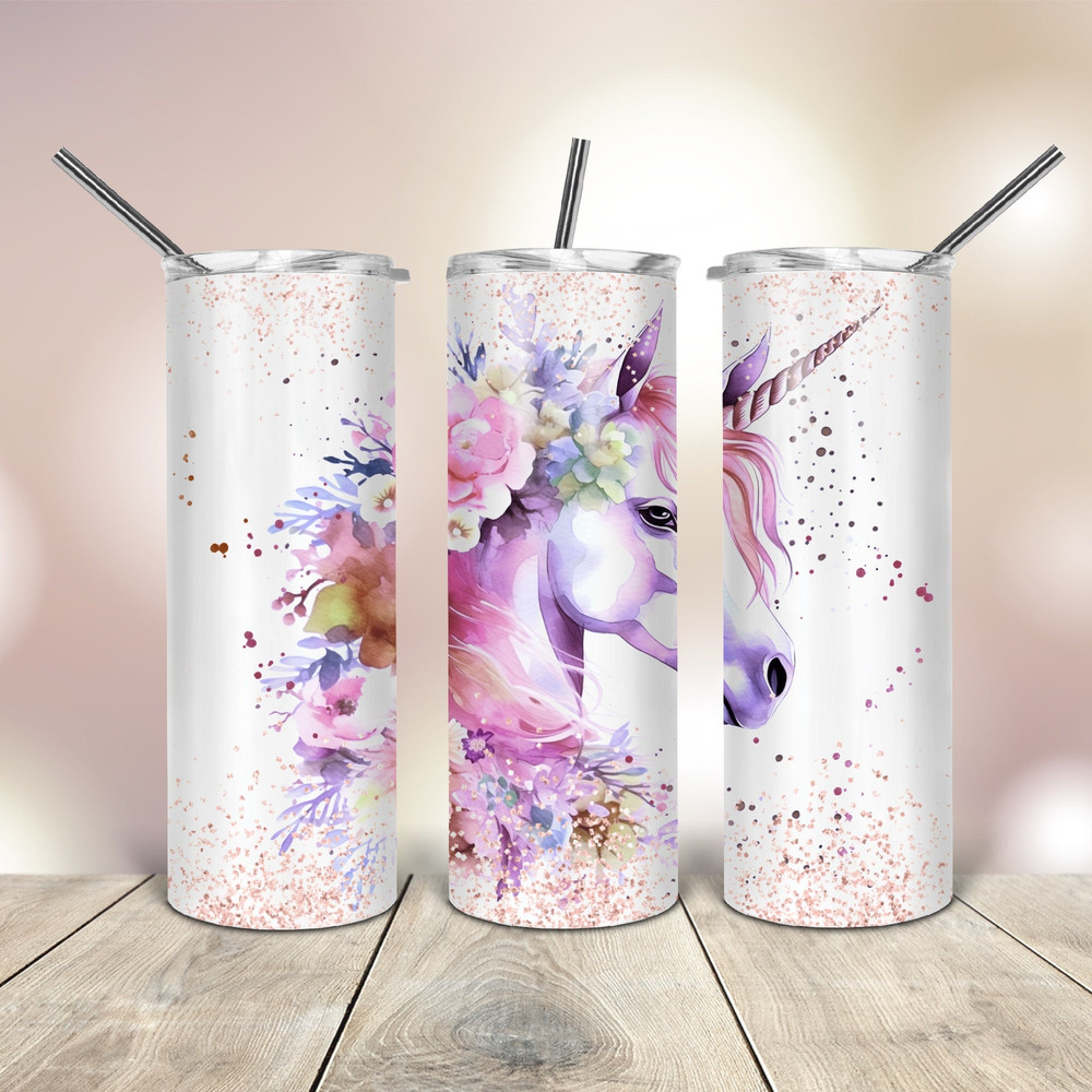 20 Oz skinny Tumbler Unicorn Pink Purple and Glitter wrap tapered straight template digital download sublimation graphics instant download.jpg