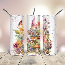 20 oz skinny tumbler watercolor gnome garden flower, gift for lover, gift for her