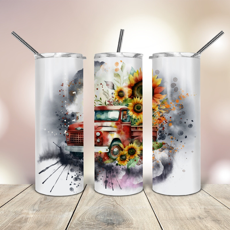 20 Oz skinny Tumbler Watercolor Red Truck Sunflower wrap tapered straight template digital download sublimation graphics instant download.jpg