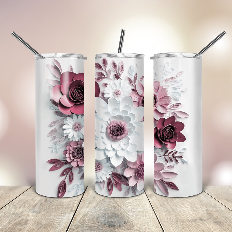3D Burgundy White Flowers Tumbler wrap Png 20 Oz skinny tapered straight template digital download sublimation graphics instant download.jpg