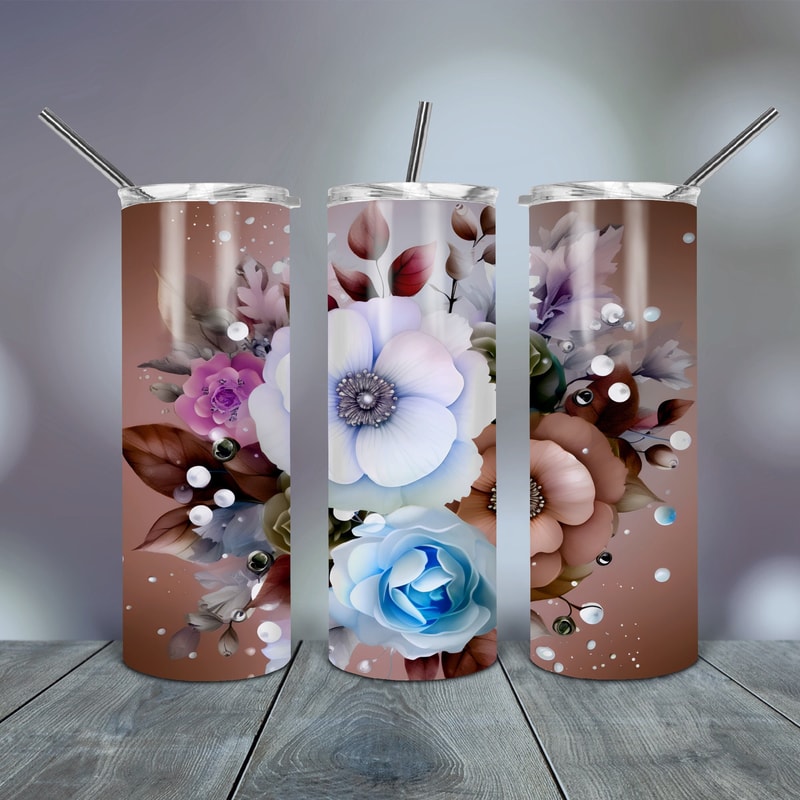 3D Floral Brown Background Tumbler Wrap Png 20 Oz skinny tapered straight template digital download sublimation graphics instant download.jpg