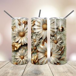 3D Floral Gold Tumbler 20 Oz Skinny, Gift For Lover, Gift For Her
