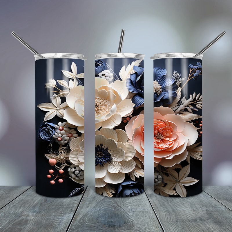 3D White Pink Blue Flower Tumbler Wrap Png 20 Oz skinny tapered straight template digital download sublimation graphics instant download.jpg