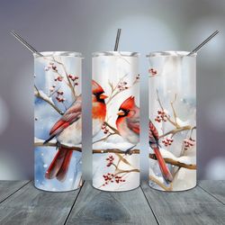 bird red cardinals in winter tumbler 20 oz, gift for lover, gift for her