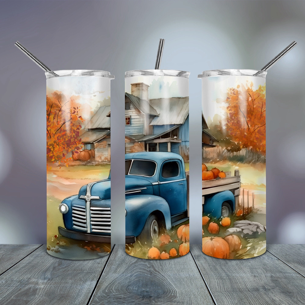 Blue Farm Truck with Pumpkins Tumbler Wrap 20 Oz skinny tapered straight template digital download sublimation graphics instant download.jpg