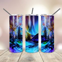 blue ink northern lights 20 oz skinny tumbler , gift for lover, gift for her