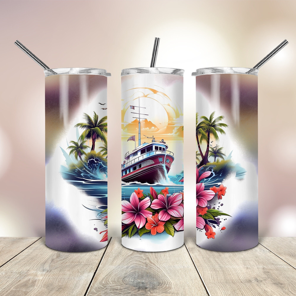 Cruise Ship Palm Trees Flowers Tumbler Wrap 20 Oz skinny tapered straight template digital download sublimation graphics instant download.jpg