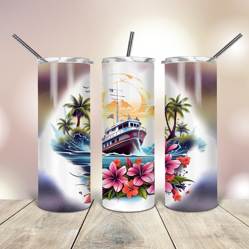 Cruise Ship Palm Trees Flowers Tumbler Wrap 20 Oz skinny tapered straight template digital download sublimation graphics instant download.jpg