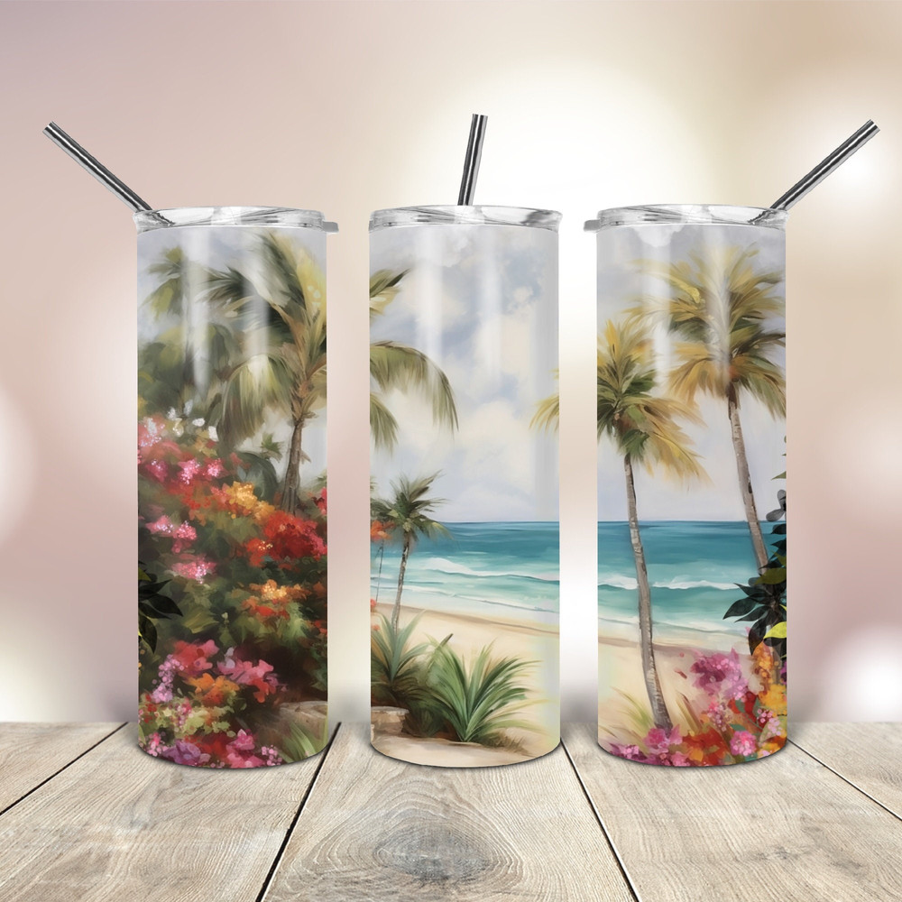 The Beach With Palm Trees Tumbler wrap Png 20 Oz skinny tapered straight template digital download sublimation graphics  instant download.jpg