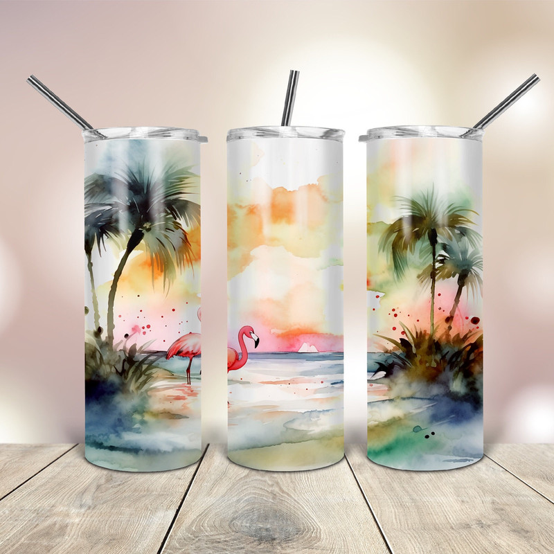 Watercolor Sunset and Flamingo 20 Oz skinny Tumbler wrap tapered straight template digital download sublimation graphics instant download.jpg
