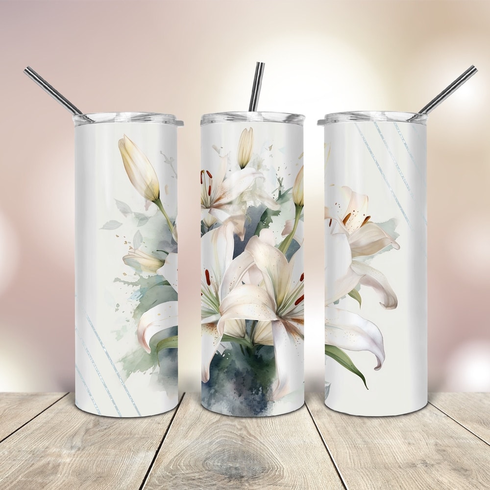 White Watercolor Lilies Design Tumbler wrap 20 Oz skinny tapered straight template digital download sublimation graphics instant download.jpg