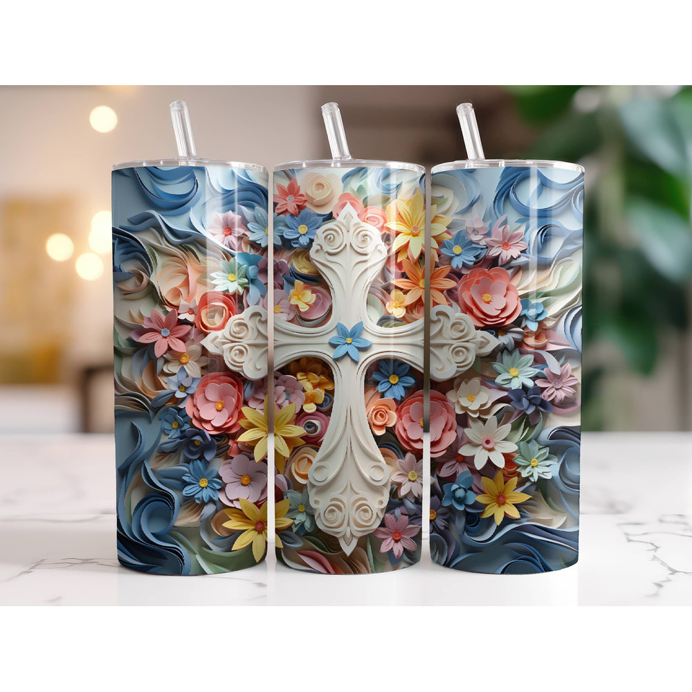 3D Cross Tumbler Wrap PNG, Sublimation Digital Download, 20oz Skinny Tumbler Design, Instant Digital Download Only, Christian Floral Cross.jpg