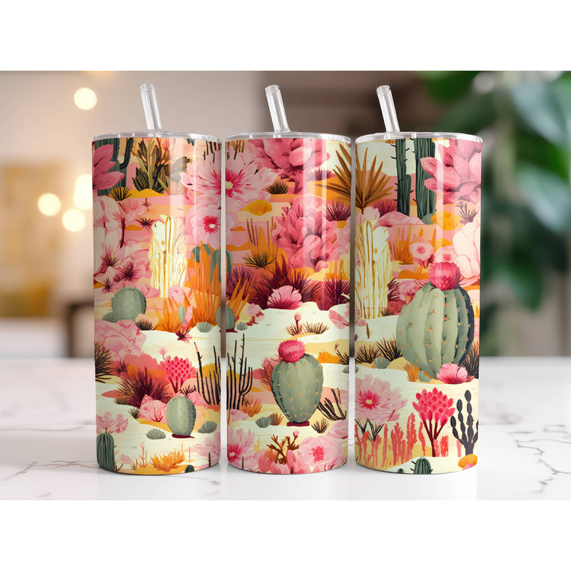 Cactus Tumbler Wrap 20 oz Skinny Tumbler Sublimation Design Instant Digital Download Only, Boho Desert PNG, Pink Succulents Tumbler Wrap.jpg