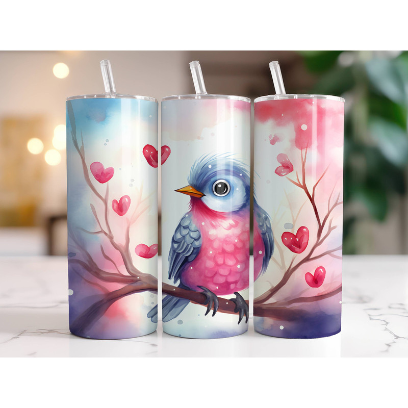 Valentines Bird Tumbler Wrap PNG 20 oz Skinny Tumbler Sublimation Design Instant Digital Download Only, Pink Valentines Day Tumbler Wrap.jpg