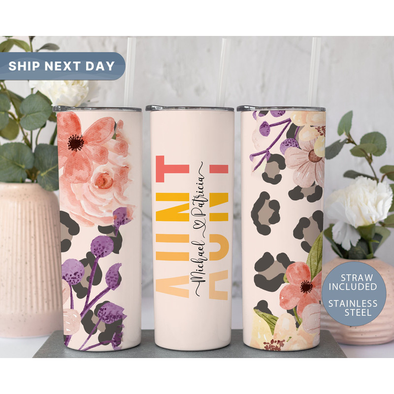 Custom Aunt Tumblers, Cup Gift for New Aunt, Auntie Announcement Gift, Floral Auntie Travel Mug, Aunt Tumbler Cup, Auntie Gifts, (TM-65PINK).jpg