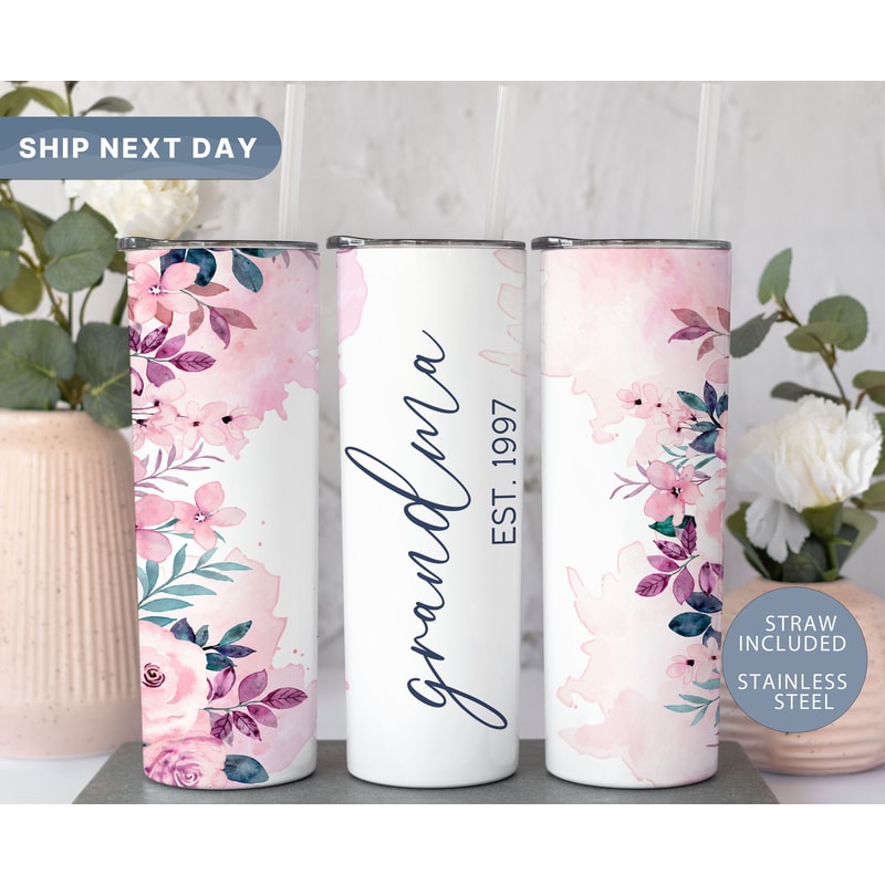 Grandma Flower Tumbler, Pink Floral Tumbler for Grandmother, Mothers Day Tumbler, Custom Tumbler with Straw, (TM-20PINK).jpg