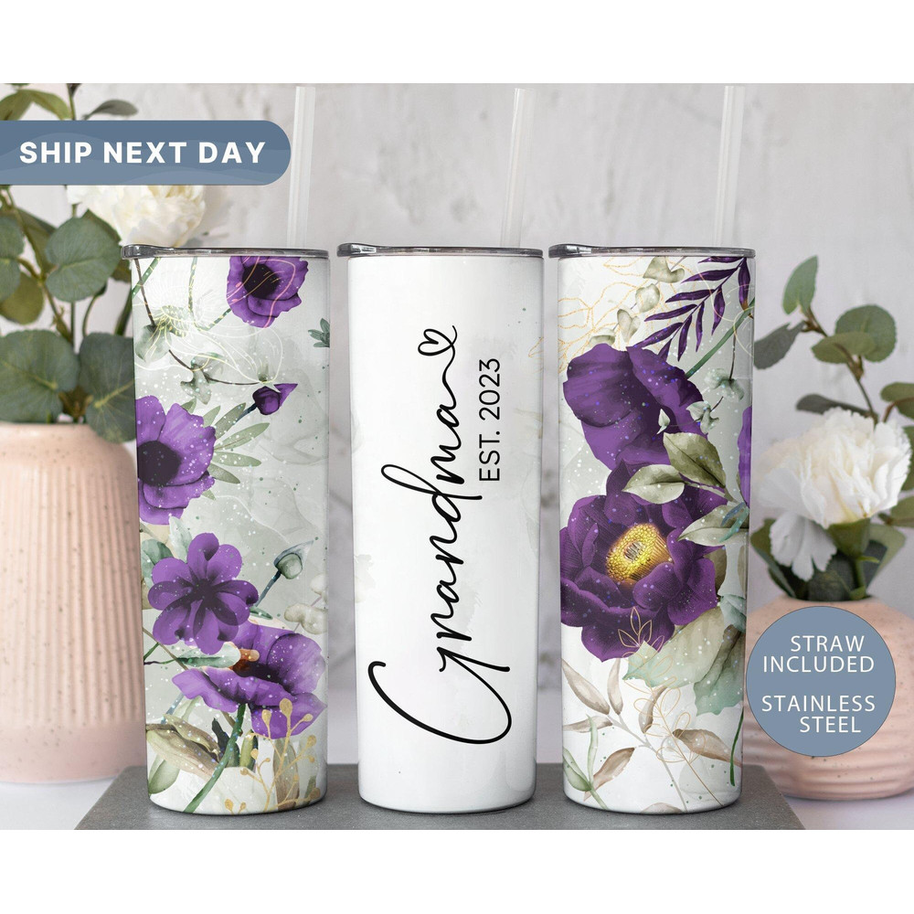 Grandma Tumbler, Mothers Day Tumbler Cup, Grandmother Gifts, Grandmother Water Bottle, Travel Mug for Mom, Floral Tumbler, (TM-63VIOLET).jpg