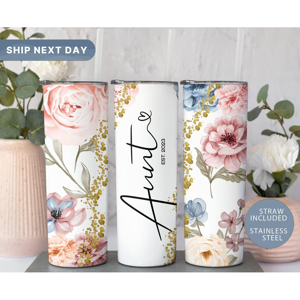 Personalized Aunt Tumblers, New Aunt Tumbler, Auntie Announcement Gift, Floral Auntie Travel Mug, Aunt Tumbler Cup, (TM-65FLOWER).jpg