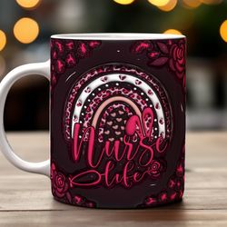 nurse life rainbow glitter floral mug, coffee cup decoration, ceramic coffee mug, funny coffee mug