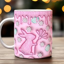 pink bunny happy easter mug, ceramic coffee mug, funny coffee mug
