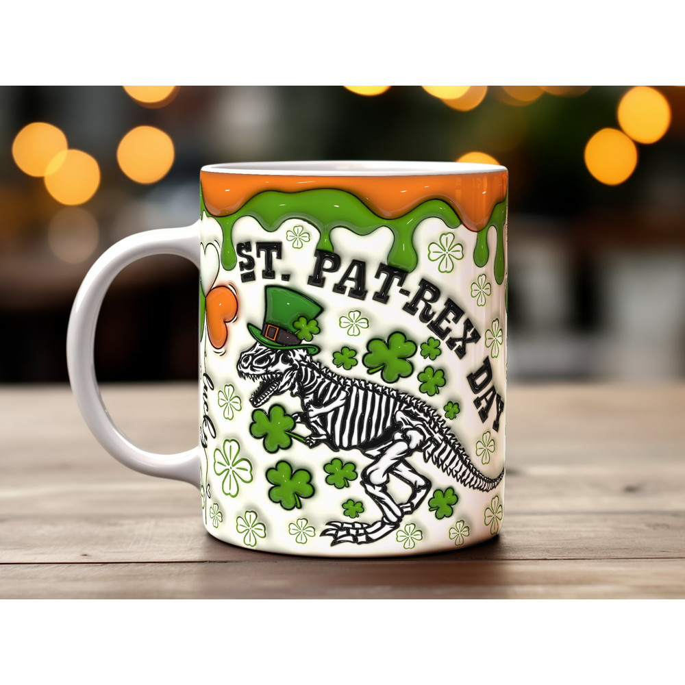 St. Patrick's Day 3D Mug Wrap, Dinosaur Skeleton Design, Irish Holiday Coffee Cup Decor, Digital Download, Green Sublimation PNG.jpg
