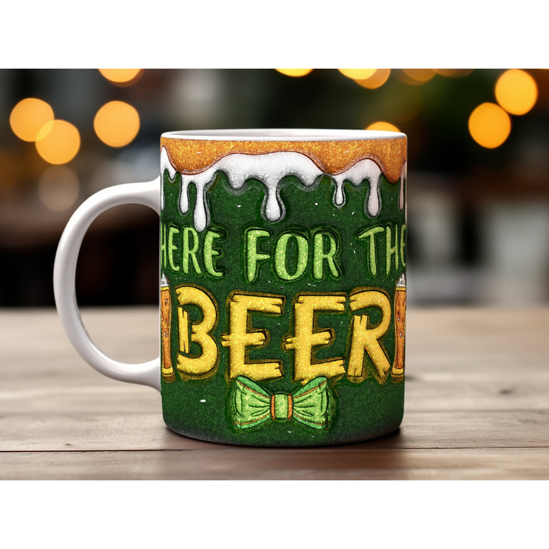 St. Patrick's Day Mug Wrap PNG, Inflated Beer Design, Digital Download, Sublimation Graphics, Shamrock Green, Festive Drink Theme, 3D Effect.jpg