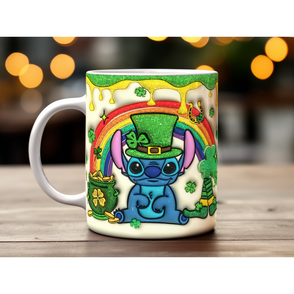 St. Patrick's Day Sublimation Mug Wrap, 3D Inflated Cartoon Character, Digital Download PNG, Lucky Clover Rainbow Design for Mugs.jpg