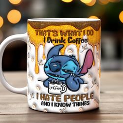 Stitch Coffee Lover Mug, Mug, Cute Blue Alien Drink Coffee and Know Things , Ceramic Coffee Mug, Funny Coffee Mug