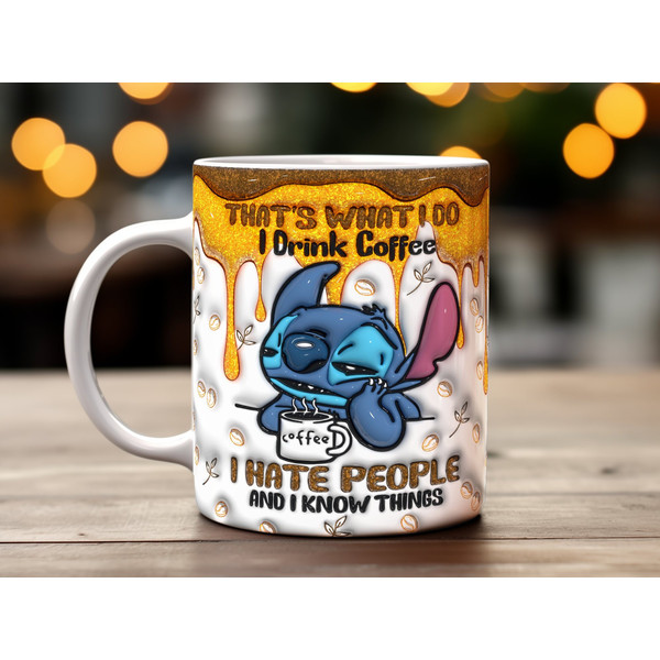 Stitch Coffee Lover Mug Design, Cute Blue Alien Digital Download, Drink Coffee and Know Things Wrap PNG.jpg