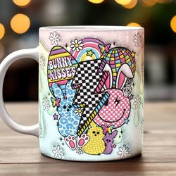 whimsical easter bunny kisses mug, ceramic coffee mug, funny coffee mug