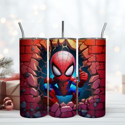 Spider Man Chibi Crawling Out Hole 20 Oz Skinny Tumbler, Birthday Cup, Tumbler Gift Mug