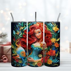 3D Inflated Ariel Floral With Fish 20oz Disney Princess 20oz, Birthday Gift Mug, Skinny Tumbler, Gift For Kids, Gift for