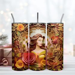 3d inflated roses with belle tumbler 20oz disney cartoon tumbler 20oz, birthday gift mug, skinny tumbler, gift for kids