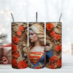 Super Woman With Flower Tumbler 20oz DC Hero , Birthday Gift Mug, Skinny Tumbler, Gift For Kids, Gift for Lover