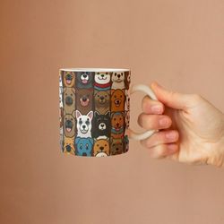 cartoon dog collective wraparound mug, gift for dog owner, dog coffee mug, 11oz coffee mug