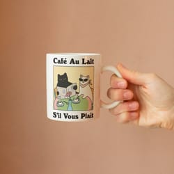 french cafe au lait cat coffee mug, retro drink mug, un cafe sil vous plait, bistro coffee mug