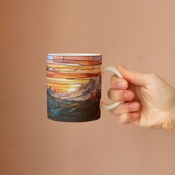 stained glass mountain sunset mug, outdoor lover gift, stained glass design mug, mountain range mug