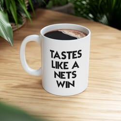 tastes like a nets win basketball mug, brooklyn nets white glossy mug, perfect gift idea funny nba gift sport themed