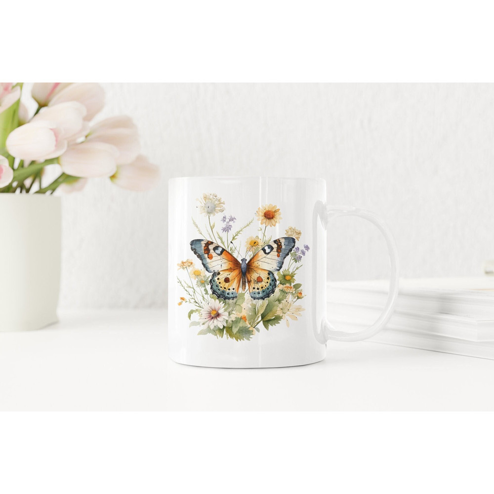 Boho Wildflowers Cottagecore Coffee Mug, Pressed Flowers Mug, Pastel Floral Nature Mug, Botanical Tea Cup, Flower Garden Lover, Butterfly.jpg
