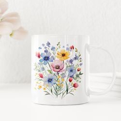 wildflower mug, boho watercolor flower mug, flower mug, wildflower mug, gardening mug, pressed flower mug, floral mug