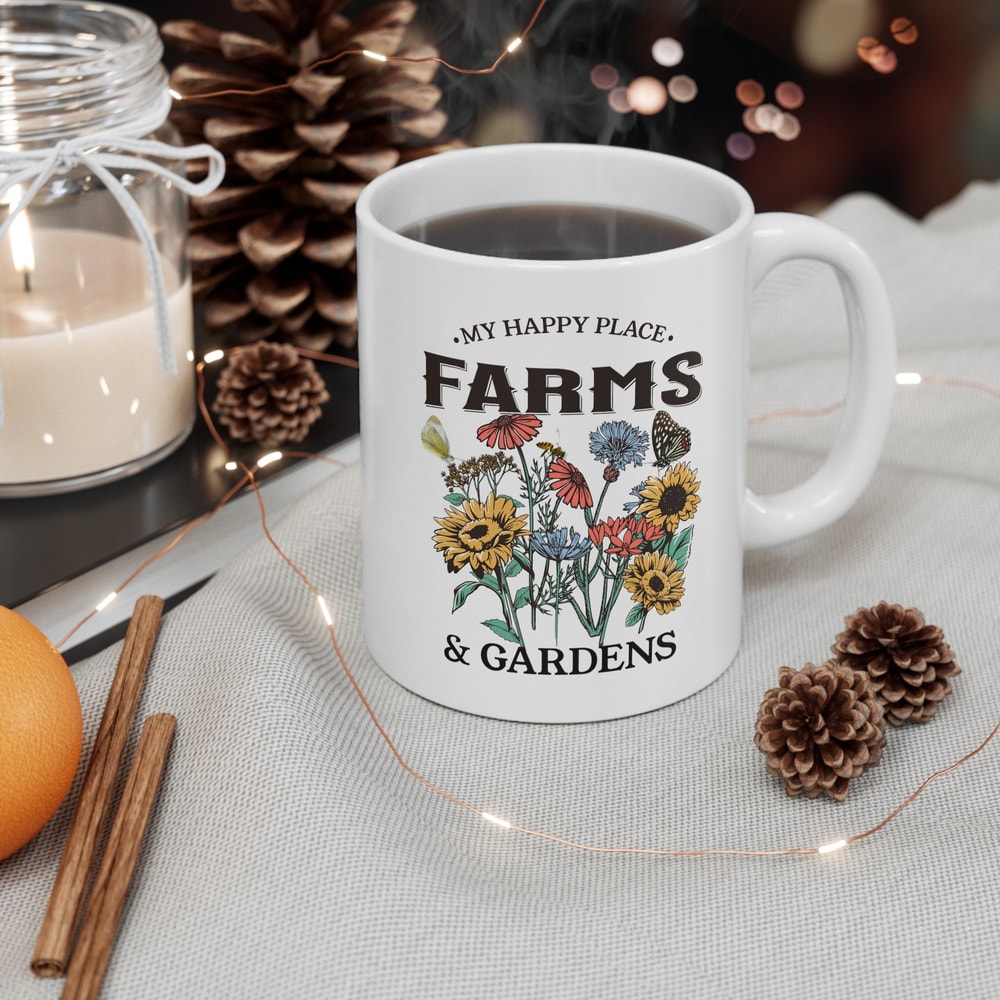 My Happy Place Farms and Gardens Mug - Flower Mug - Pressed Flower Coffee Cup - Farming Mug - Gardening Cup.jpg