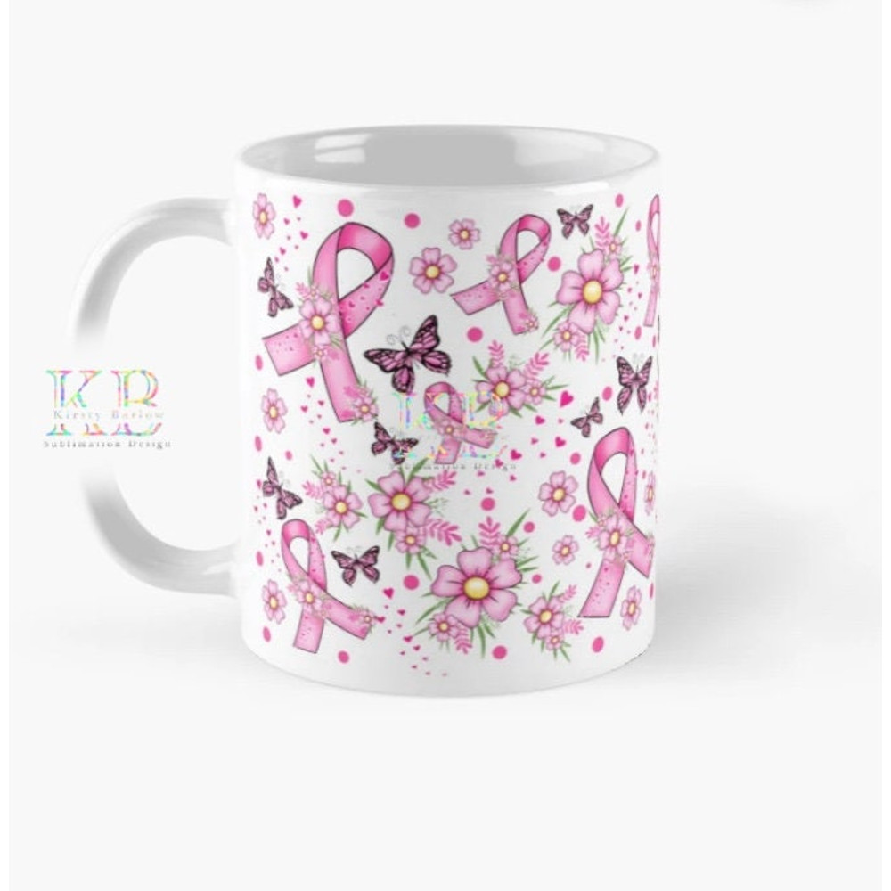Pink cancer awareness ribbon mug wrap design sublimation clipart png instant download.jpg