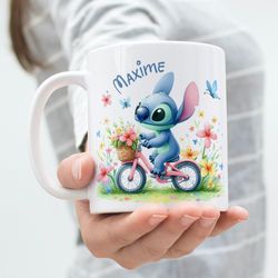 stitch mug, childrens mug, stitch by bike customizable mug to offer, stitch mug for kids