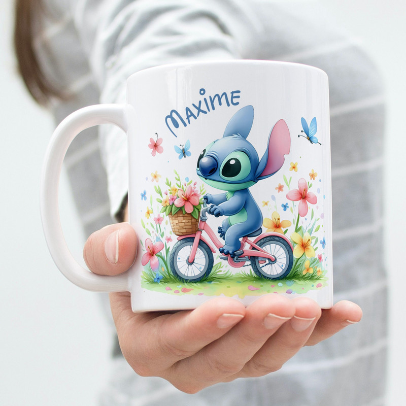 Personalized stitch mug - children's cup - stitch by bike - customizable mug to offer.jpg